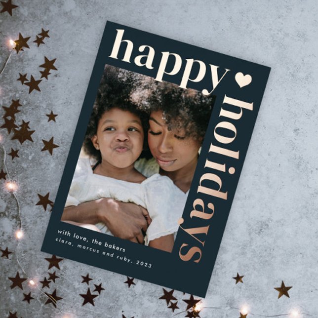 Modern Bold Typography Happy Holidays Foil Holiday Card (A modern photo holiday card with elegant real foil happy holidays bold typography.)