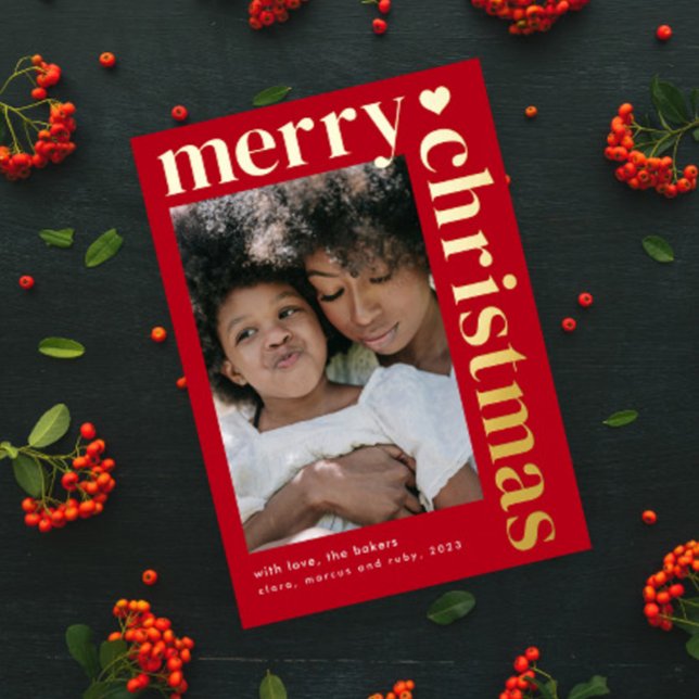 Modern Bold Typography Merry Christmas  Foil Holiday Card (A modern photo christmas holiday card with elegant real foil merry christmas bold typography.)