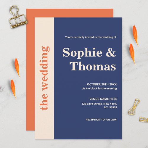 Modern Bold Typography Navy Blue Orange Wedding Invitation