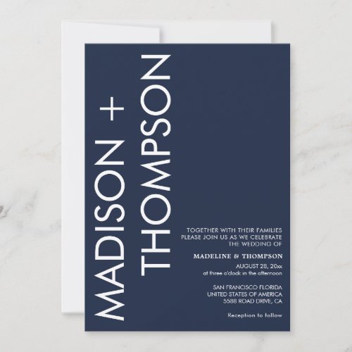 Modern Bold Typography Navy Blue Photo Wedding Invitation