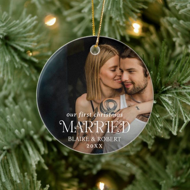Modern Bold Typography Photo Elegant Newlywed Ceramic Ornament (Tree)