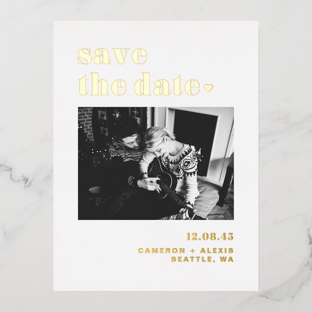 Modern Bold Typography Photo Save the Date Foil Invitation Postcard (Front)