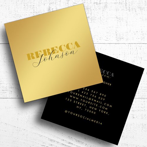 Modern Bold Typography Script Minimal Gold  Black Square Business Card