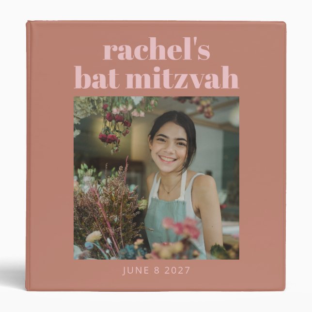 Modern Bold Typography Terracotta Pink Bat Mitzvah 3 Ring Binder (Front)