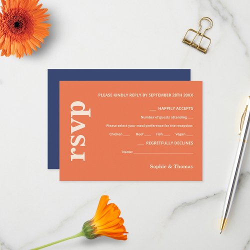 Modern Bold Typography Wedding Apricot Navy  RSVP Card