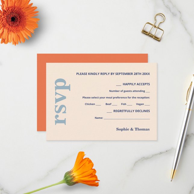Modern Bold Typography Wedding Dusty Blue Apricot RSVP Card (Creator Uploaded)