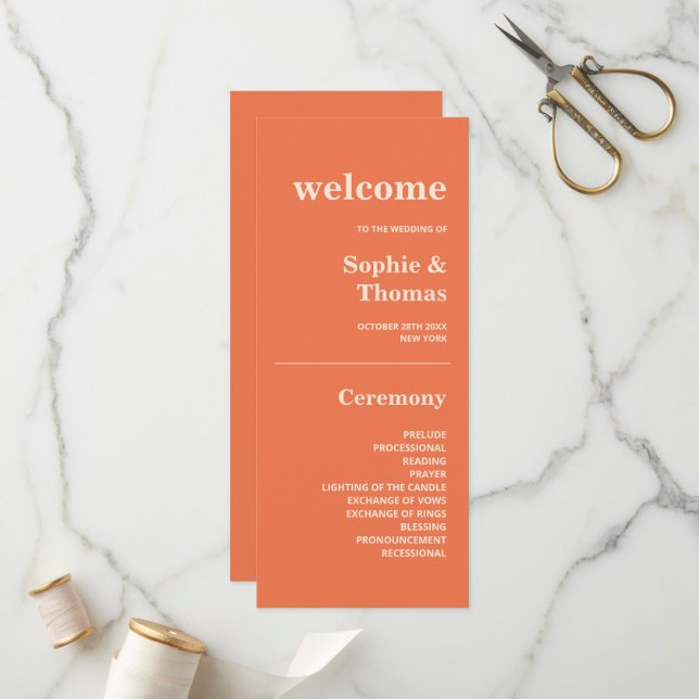 Modern Bold Typography Wedding Program Orange (Front/Back In Situ)