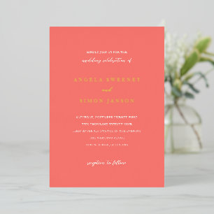 Modern Bold Vibrant Coral Simple Wedding Foil Invitation