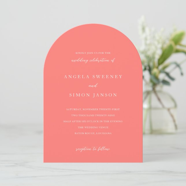 Modern Bold Vibrant Coral Simple Wedding Invitation (Standing Front)
