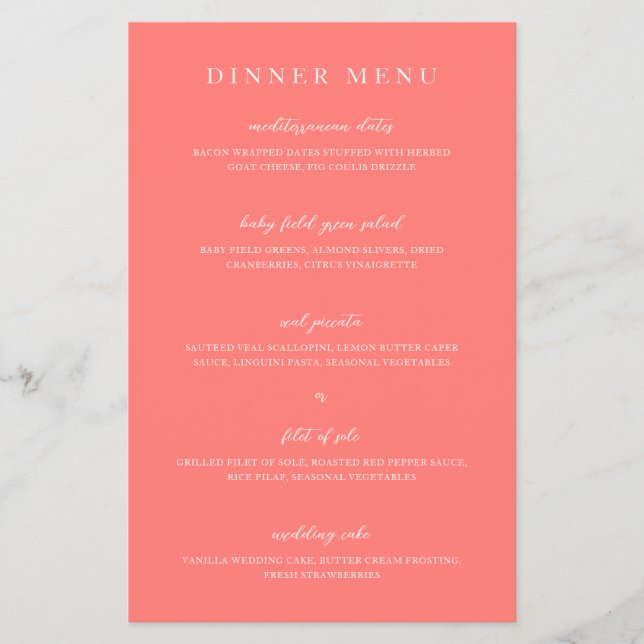Modern Bold Vibrant Coral Simple Wedding Menu Flyer (Front)