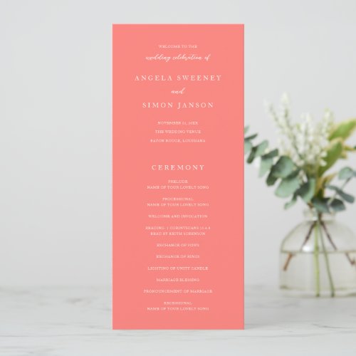 Modern Bold Vibrant Coral Simple Wedding Program