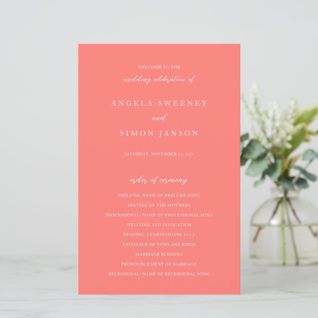 Modern Bold Vibrant Coral Simple Wedding Program (Standing Front)