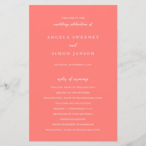 Modern Bold Vibrant Coral Simple Wedding Program Flyer
