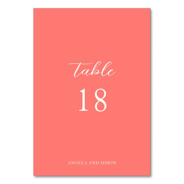 Modern Bold Vibrant Coral Simple Wedding Table Number (Front)