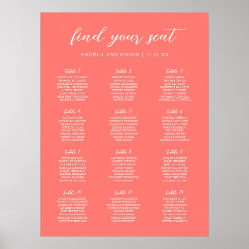 Modern Bold Vibrant Coral Wedding Seating Chart