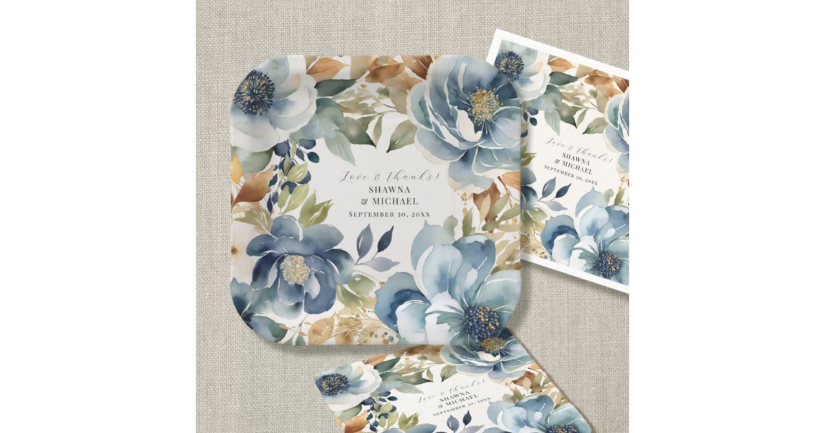 Modern Bold Watercolor Fall Floral Blue Shower Paper Plates | Zazzle