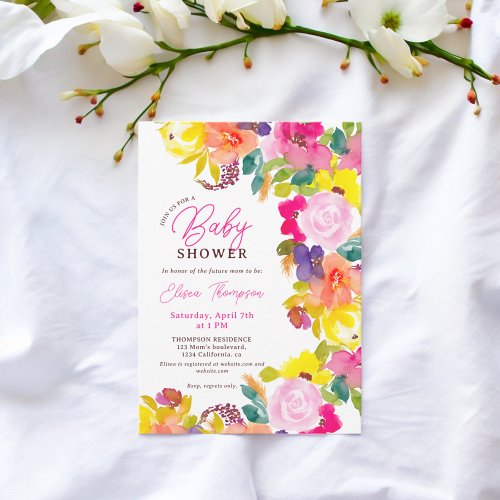 Modern bold watercolor flowers script baby shower invitation