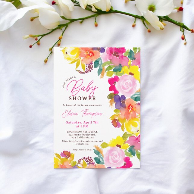 Modern bold watercolor flowers script baby shower invitation (Modern bold watercolor flowers script baby shower invitation)