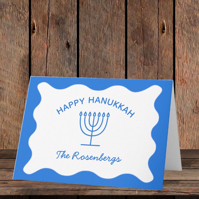 Modern Bold Wavy Border Personalized Blue Hanukkah Card (Creator Uploaded)