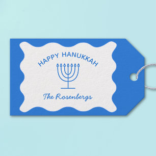 Modern Bold Wavy Border Personalized Blue Hanukkah Gift Tags