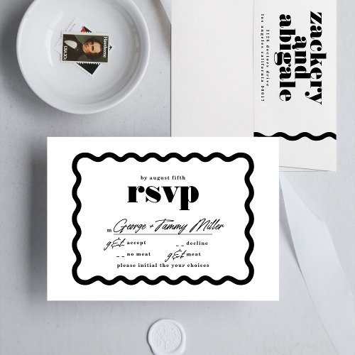 Modern Bold Wavy Frame Black White Wedding RSVP Card