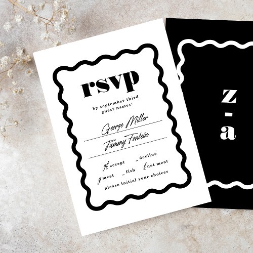 Modern Bold Wavy Frame Black White Wedding RSVP Card