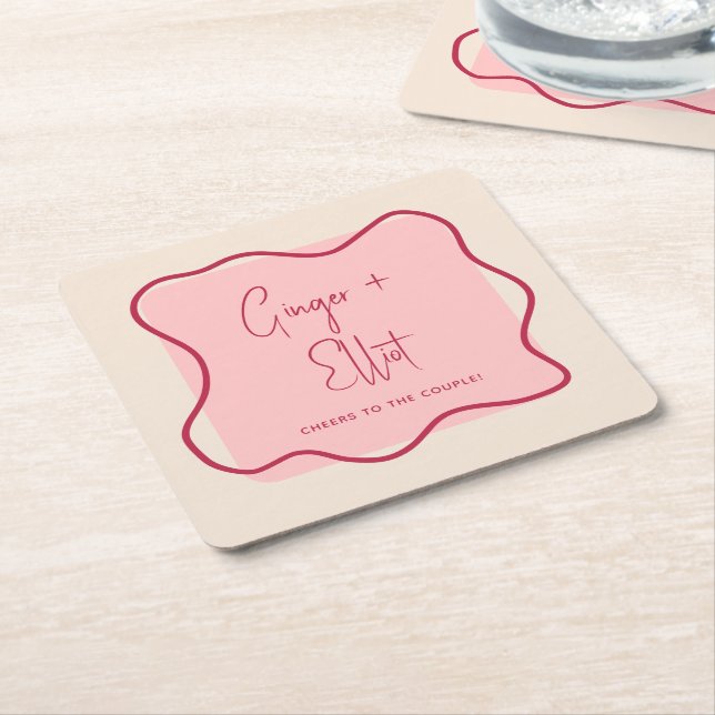 Modern Bold Wavy Frame Magenta Cheers Wedding  Square Paper Coaster (Angled)