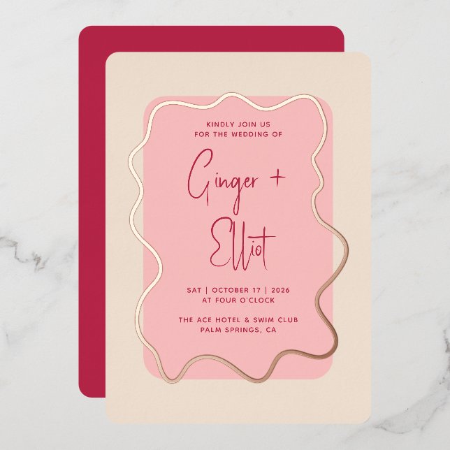 Modern Bold Wavy Frame Magenta Pink Wedding Gold Foil Invitation (Front/Back)