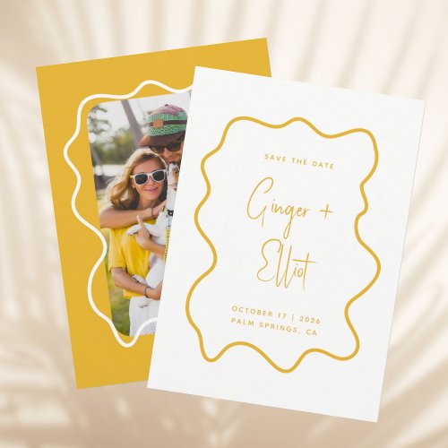 Modern Bold Wavy Frame Yellow Photo Wedding Save The Date