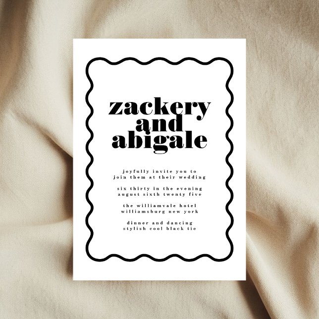 Modern Bold Wavy Framed Black White Wedding Invitation (Creator Uploaded)