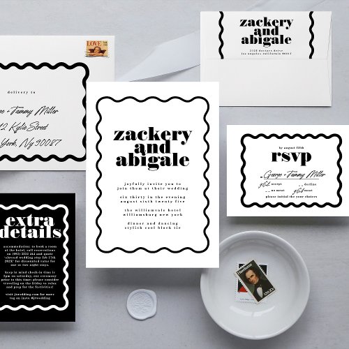 Modern Bold Wavy Framed Black White Wedding Invitation