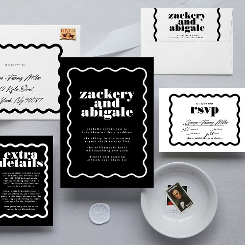 Modern Bold Wavy Framed White Black Wedding Invitation