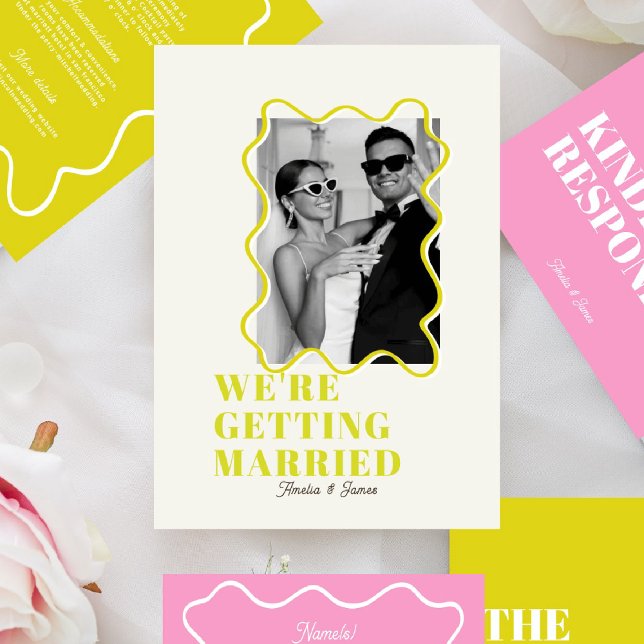 modern Bold Wavy funky Chartreuse & pink Wedding Invitation (Creator Uploaded)