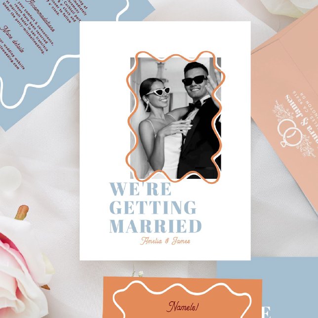 modern Bold Wavy funky dusty blue & orange Wedding Invitation (Creator Uploaded)