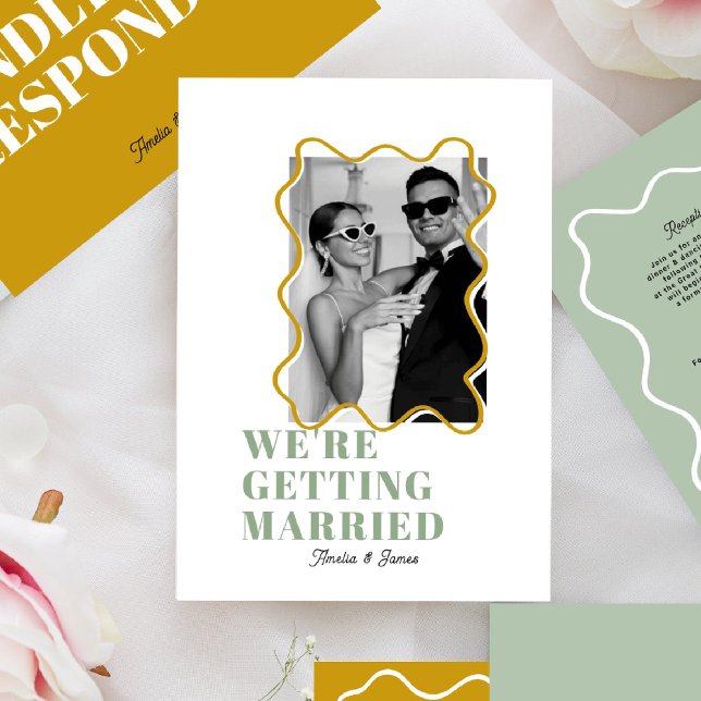 modern Bold Wavy funky sage green & yellow Wedding Invitation (Creator Uploaded)