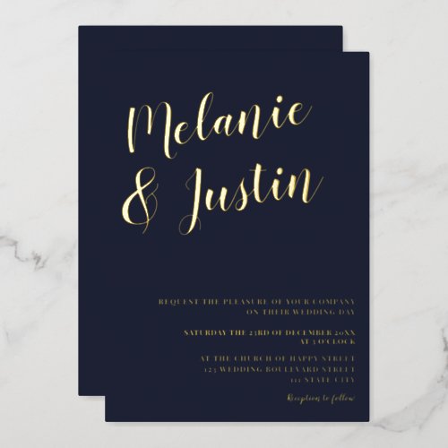 Modern bold wedding navy blue gold foil invitation