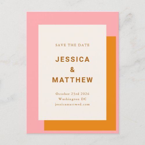 Modern Bold Wedding Save The Date Pink and Orange Postcard
