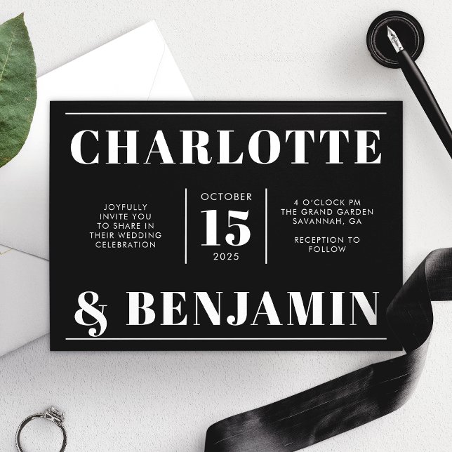 Modern Bold White And Black Horizontal Wedding  Invitation (Creator Uploaded)