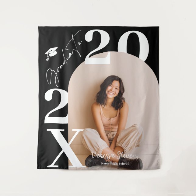 Modern Bold White balck Trendy photo graduation Tapestry (Front)