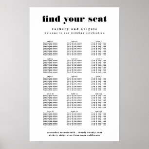 Modern Bold White Black Wedding Seating Chart Sign