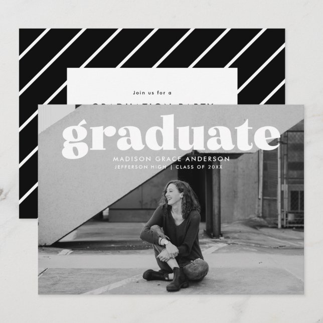Modern Bold White Overlay Photo Graduation Party Invitation (Front/Back)