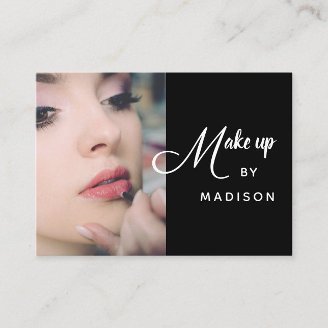 Modern Bold White Script Photo Makeup Business Card (Front)