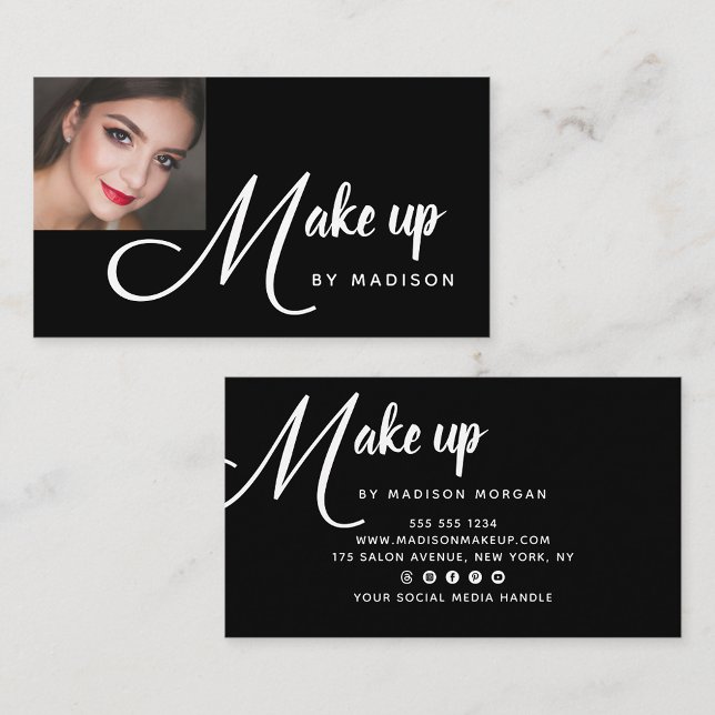 Modern Bold White Script Photo Makeup Business Card (Creator Uploaded)