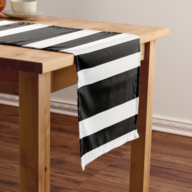 Modern Bold Wide Black and White Stripes Pattern Long Table Runner (In Situ)