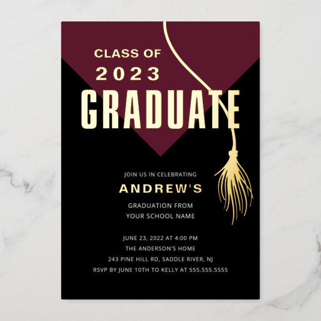 Modern Bold Wine Grad Cap Graduation Foil Invitation (Front)
