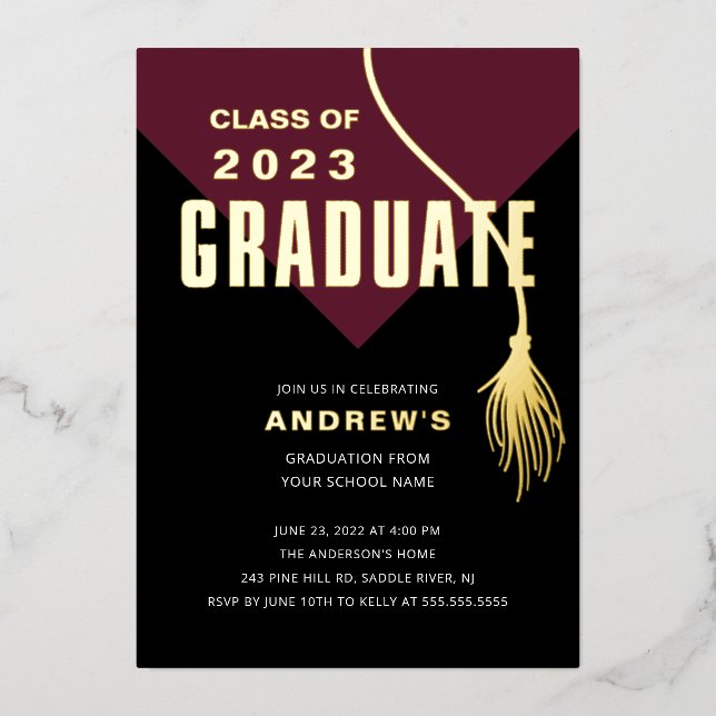 Modern Bold Wine Grad Cap Graduation Foil Invitation (Front)