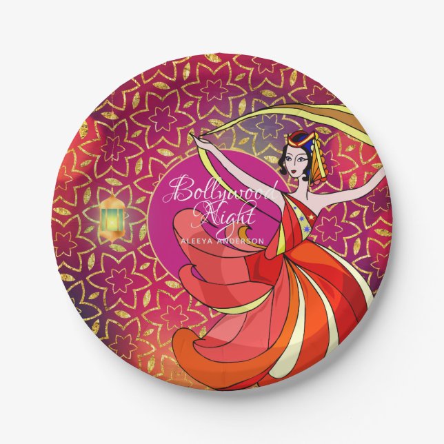 Modern Bollywood Party Dancer Personalized Pink Paper Plates (Front)