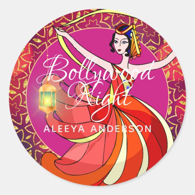 Modern Bollywood Party Dancer Sparkly Personalized Classic Round Sticker (Front)