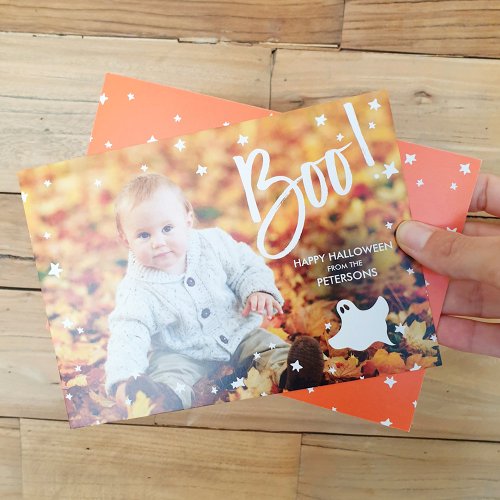 Modern Boo typography stars Halloween ghost photo Card