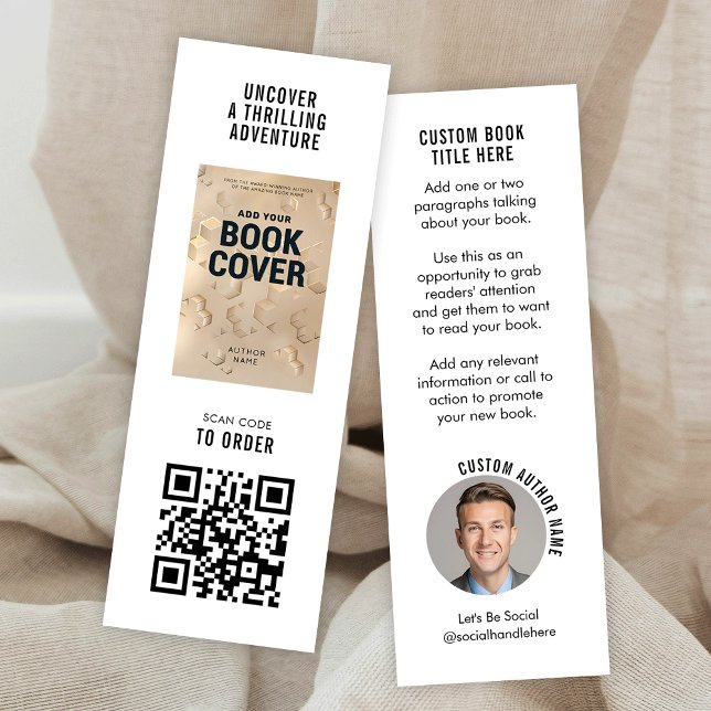 Modern Book Launch Author Photo Mini Bookmark Card (MINI 3x1" Bookmark with custom author and book cover photos + fully editable text and QR code)